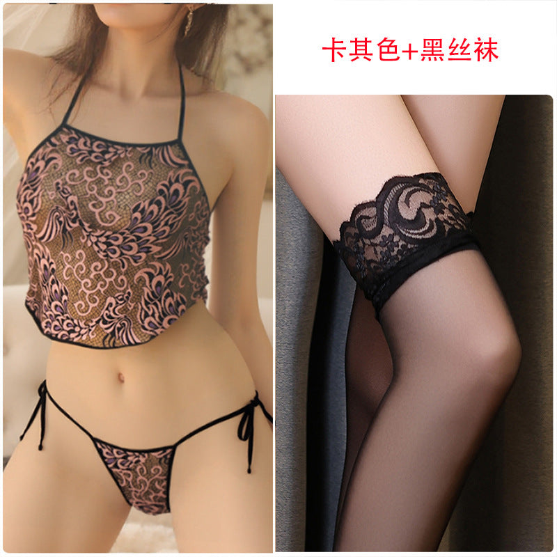 Image of Erotic lingerie lace hollow embroidery adult belly pocket sexy women's suit seduces couples fun pure desire wind teasing